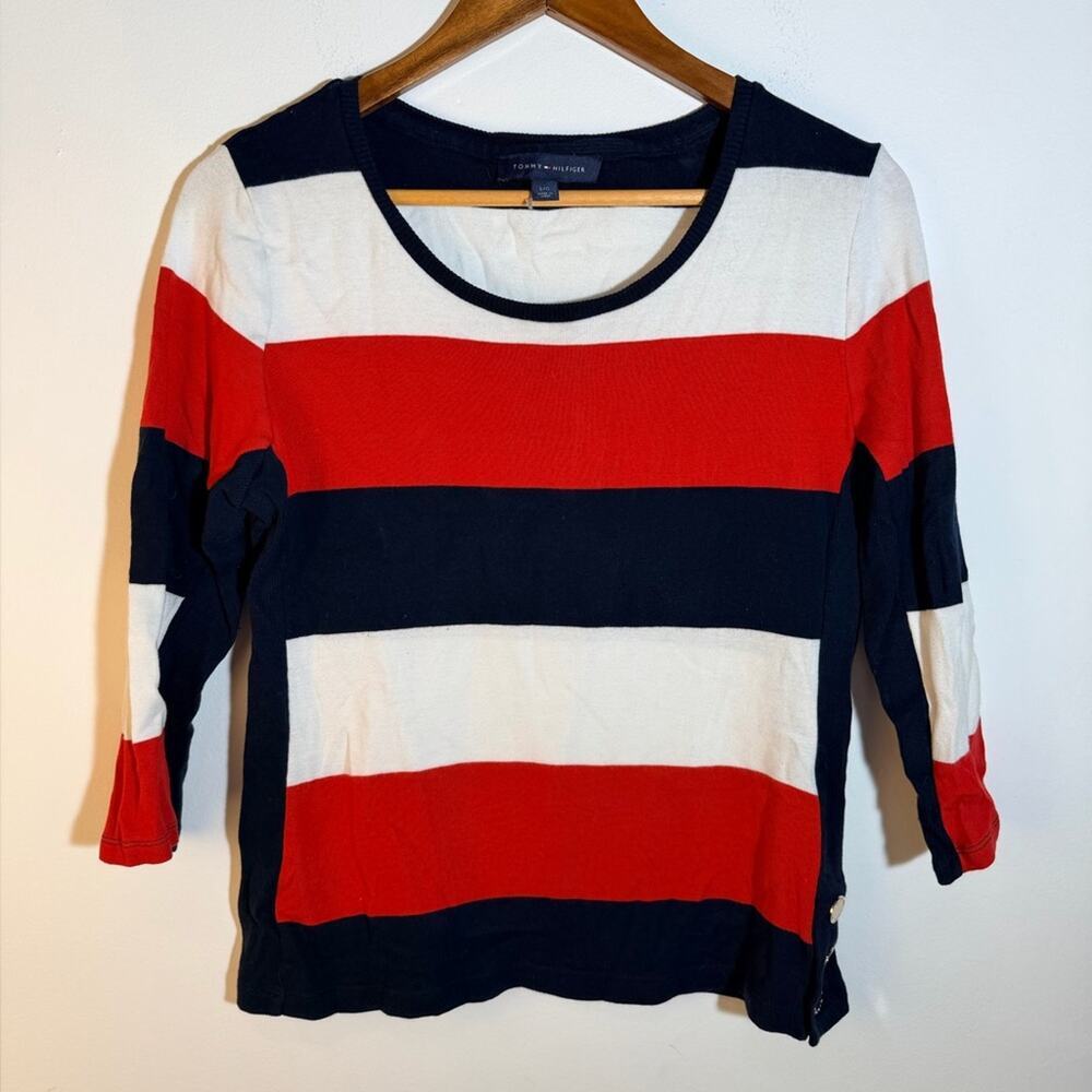 Tommy Hilfiger Striped Red, White, and Black Women's Top
